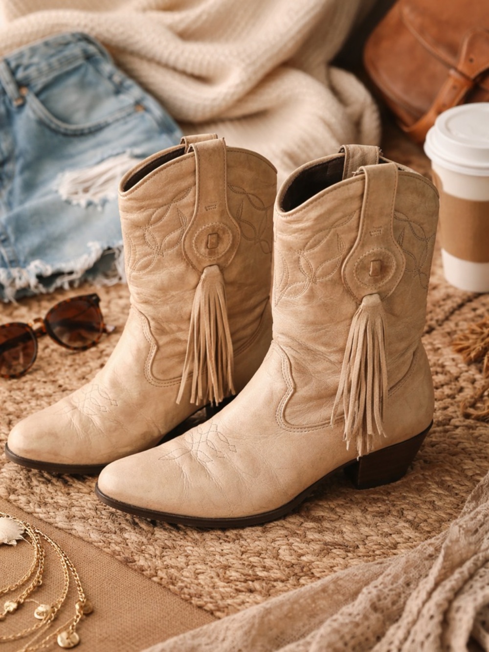 Fringe Western Leather Boots Tan Boho Festival Ankle Cowboy Size 6.5